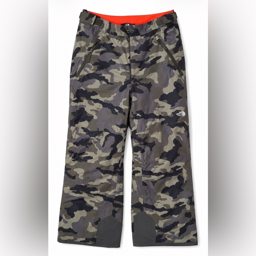 The North Face Boys 14/16 Green Gray Black Camo Snow Pants Ski Waterproof